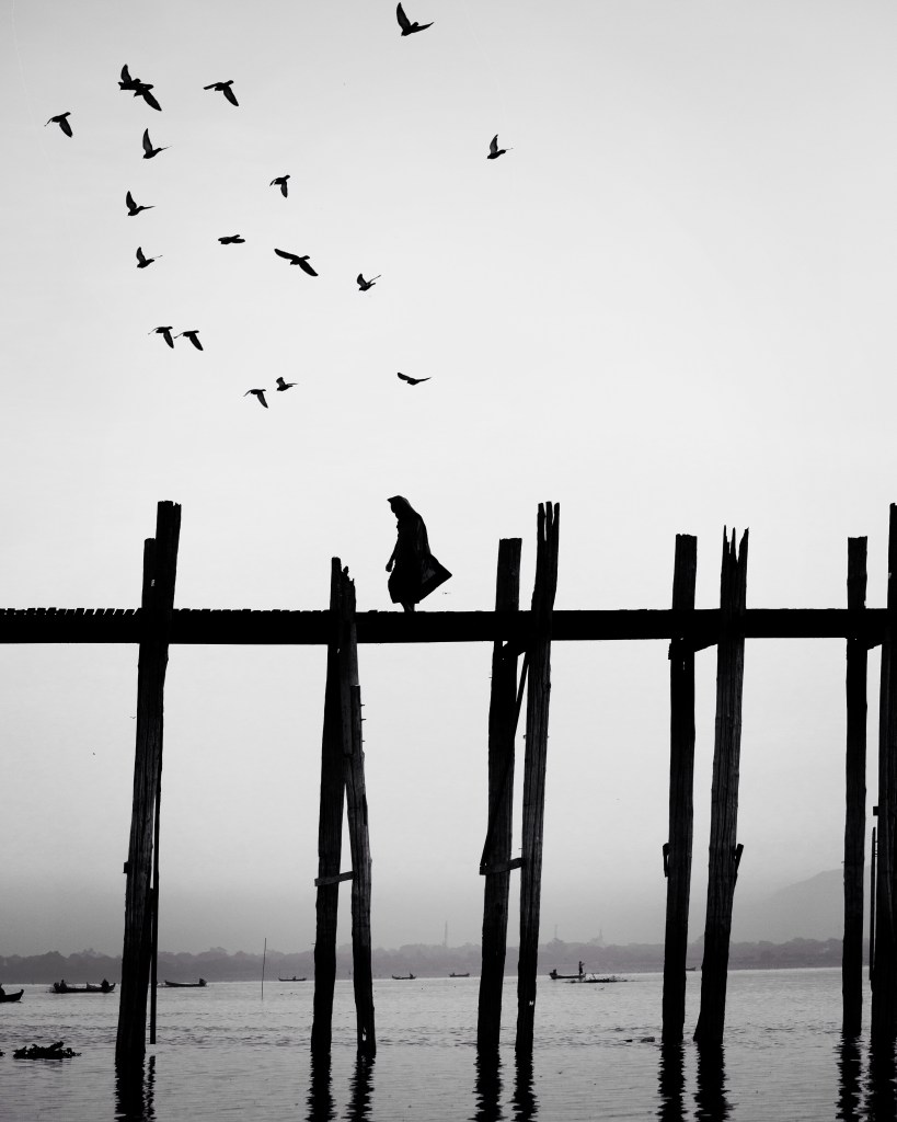 A silhouette of a person walking on a wooden bridge above water, with birds flying in the sky.